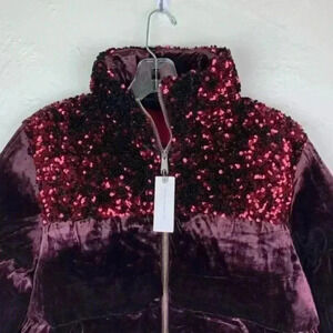 NWT Anthropologie Maeve Vera Sequined Velvet Puffer Red Wine Sparkle Jacket XS